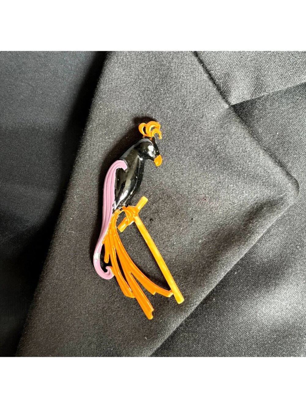 Vintage Parrot Brooch Painted Black Purple Orange Bird Lapel Pin Whimsical Retro